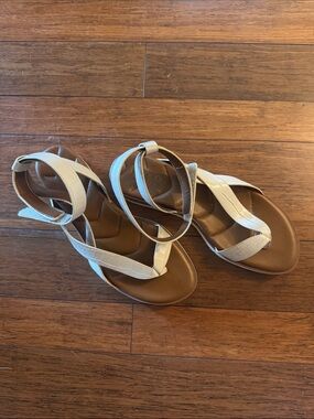 Franco Sarto White and Tan Strappy Flat Sandals